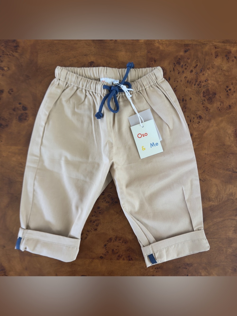 Oso & Me Tan Pull-On Pants with Blue Drawstring 12M NWT